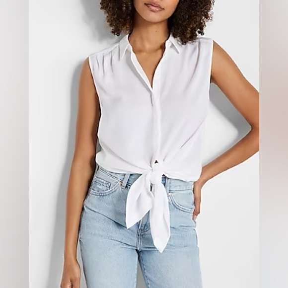 White Sleeveless Pleated Shoulder Tunic Shirt from Express. Size M - Picture 1 of 2